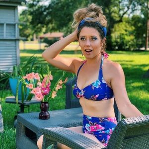Blue Floral Retro Halter Swimsuit